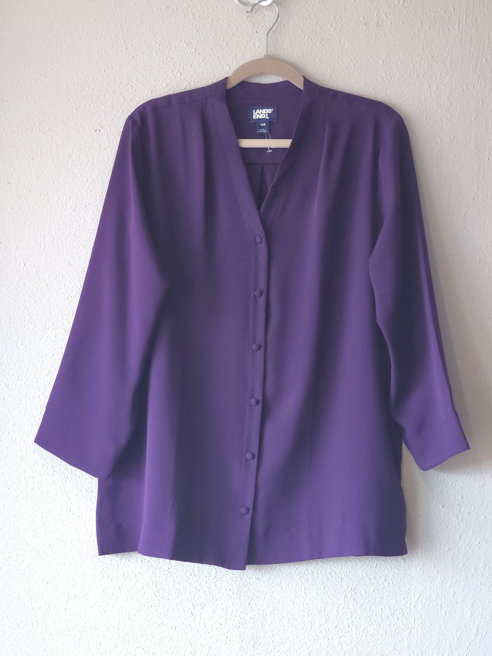 Lands' End Women's Purple Button-Front V-Neck Tunic Blouse PETITE SIZE 12P